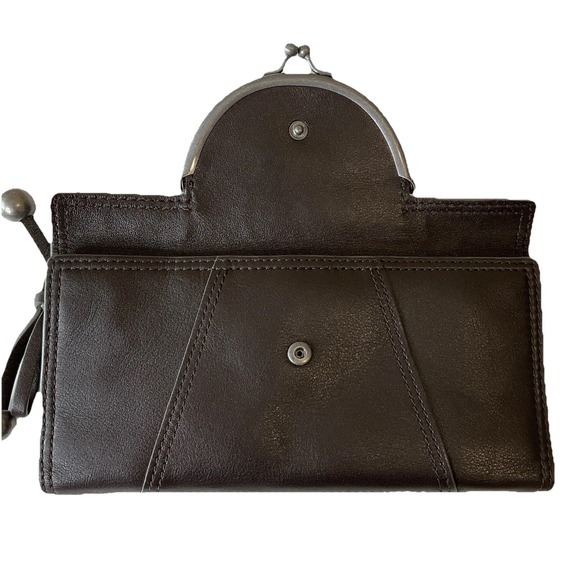 Vintage New Kenzo Leather Wallet Clutch Kiss Lock Coin Purse Brown Boho Retro - Picture 7 of 12